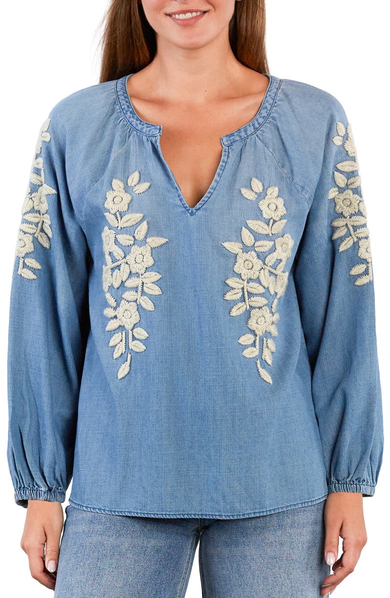 Billy T Boho Jo Floral Embroidered Denim Popover Top, Main, color, Denim