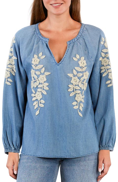 Boho Jo Floral Embroidered Denim Popover Top