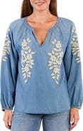 Billy T Boho Jo Floral Embroidered Denim Popover Top