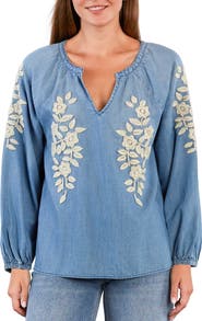 Billy T Boho Jo Floral Embroidered Denim Popover Top