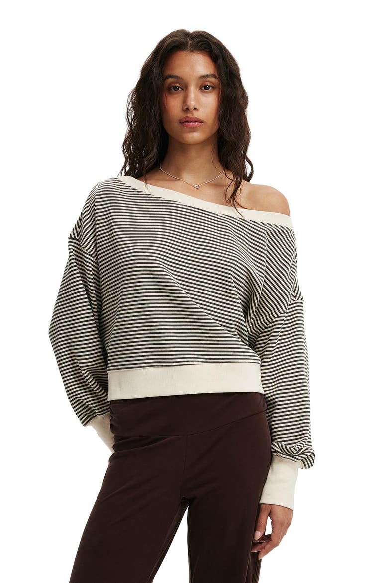 Women's Off Shoulder Sweatshirt, Main, color, Cream Slate Stripe