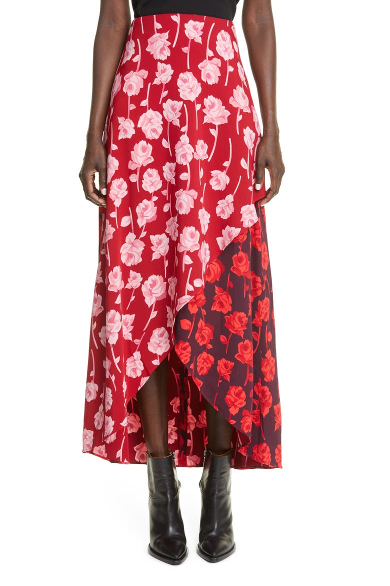 Floral Print High Low Tulip Skirt, Main, color, CARDINAL/ AUBERGINE