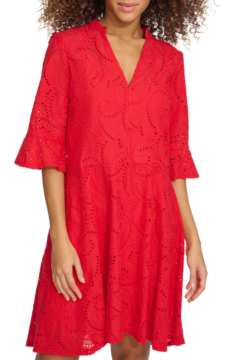 Kensie Embroidered Eyelet Tunic Dress, Alternate, color, Poppy