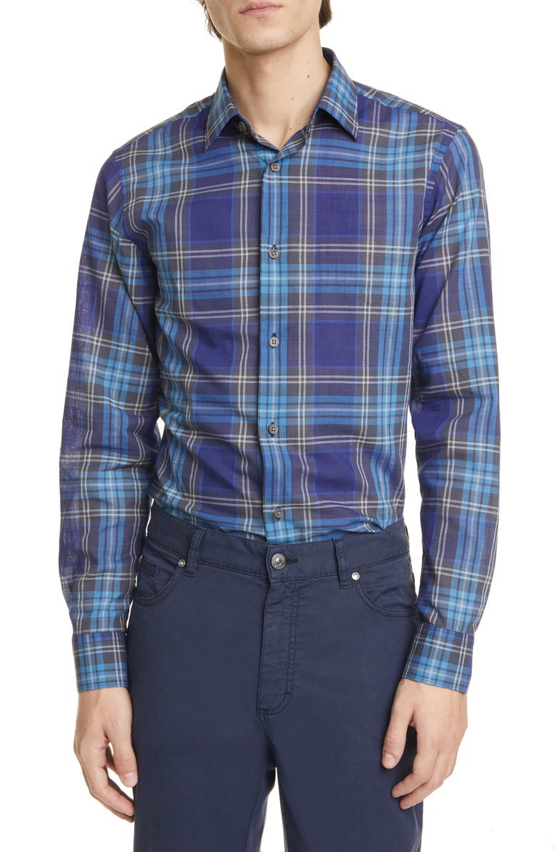 Z Zegna Extra Slim Fit Plaid Button-Up Shirt, Main, color, 