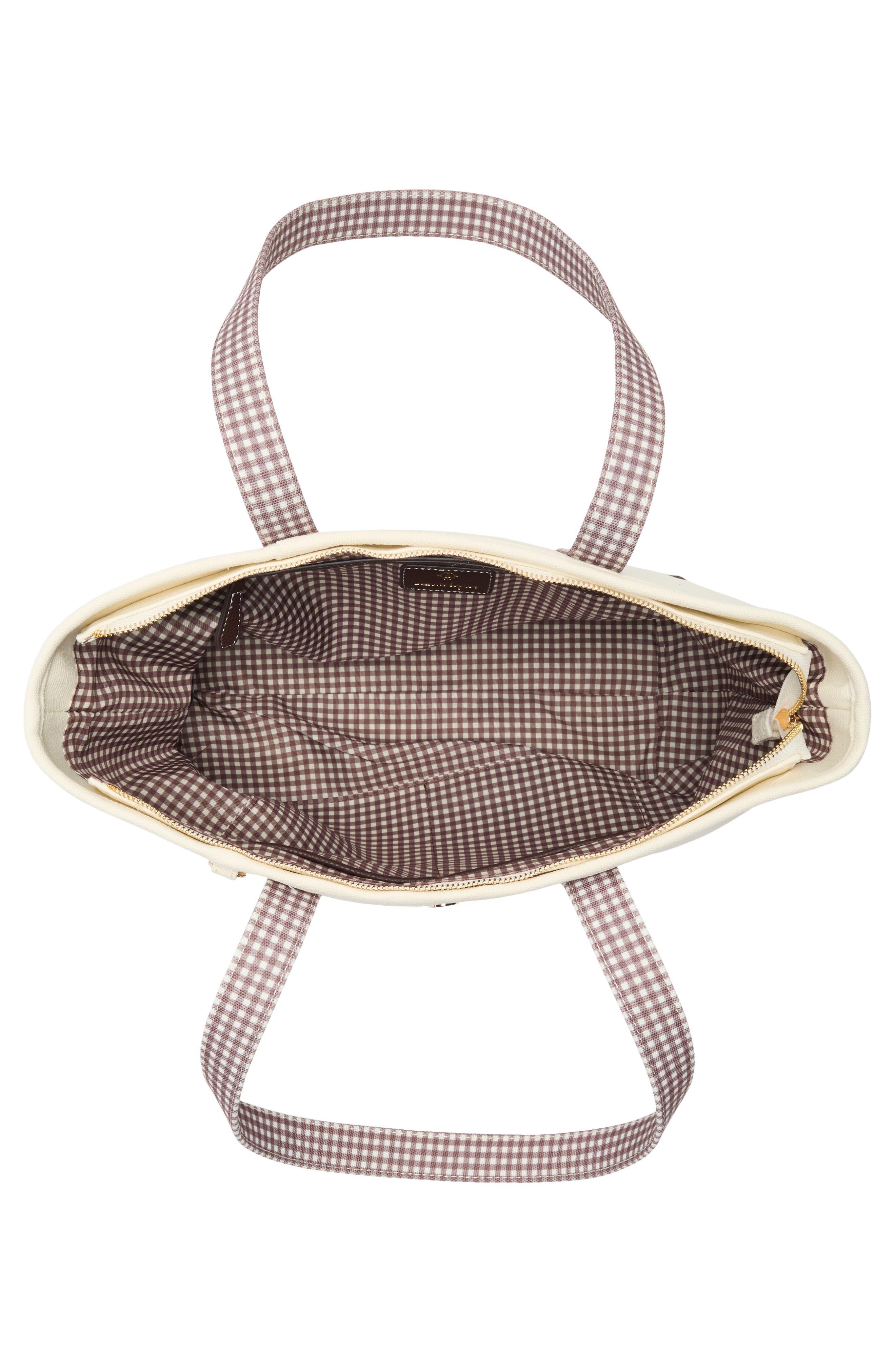 Nanette Lepore Gingham Trim Knit Tote, Alternate, color, Soft Beige / Brown Gingham