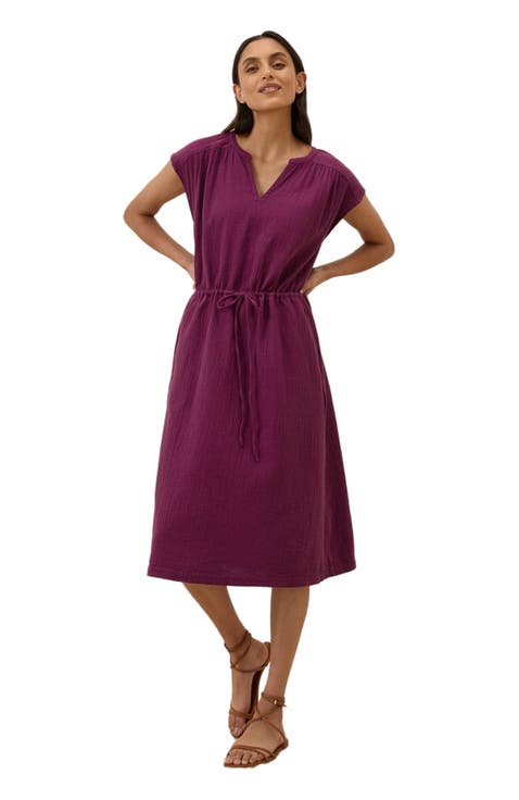Organic Cotton Coastal Double Gauze Tie Waist Midi Dress