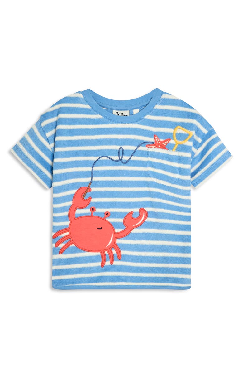 JOJO MAMAN BEBE Crab Appliqué Stripe Terry Cloth T-Shirt & Drawstring Shorts Set, Alternate, color, Blue