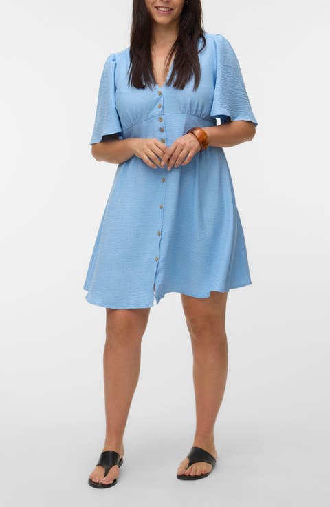Short Sleeve Button Front Chambray Dress (Plus)