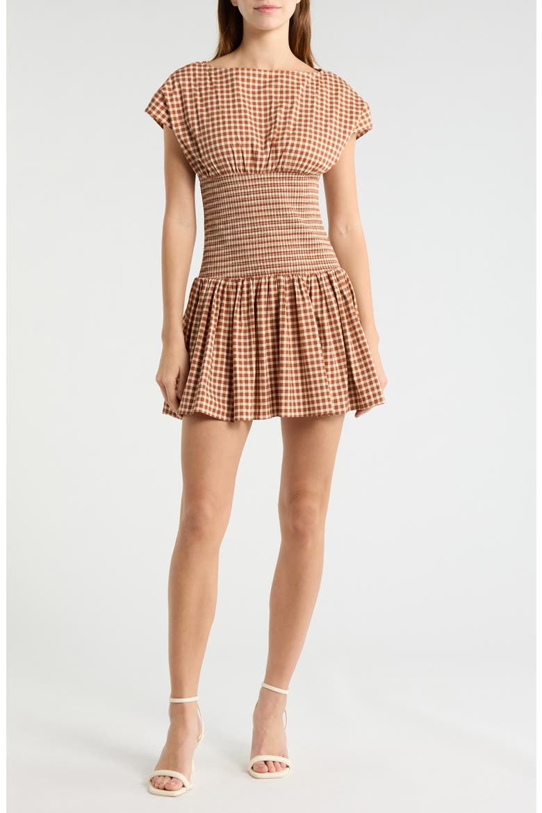 Smock Bodice Stretch Cotton Gingham Minidress, Main, color, GINGHAM