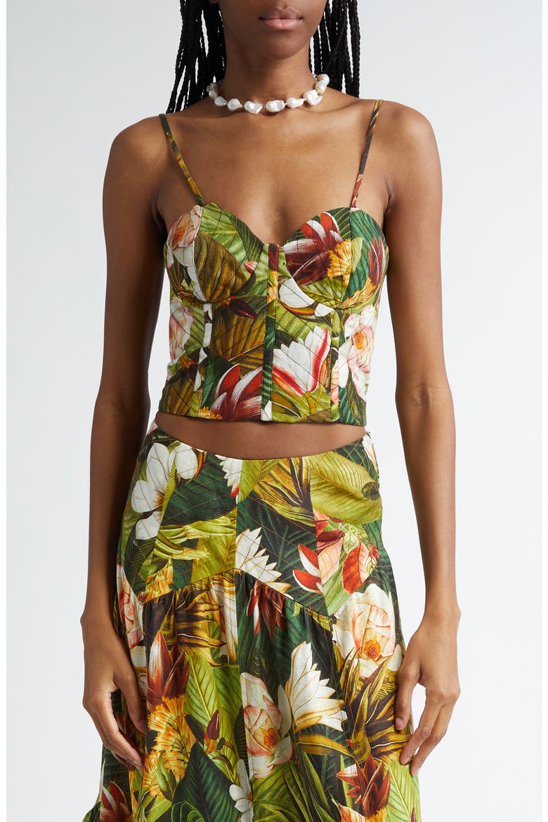 Botanical Forest Convertible Strap Linen Blend Corset Top, Main, color, BOTANICAL FOREST MUL