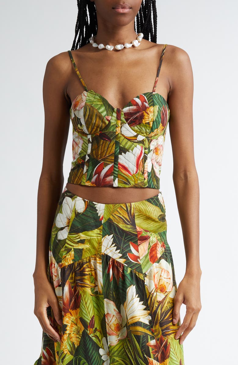 FARM Rio Botanical Forest Convertible Strap Linen Blend Corset Top, Main, color, 
