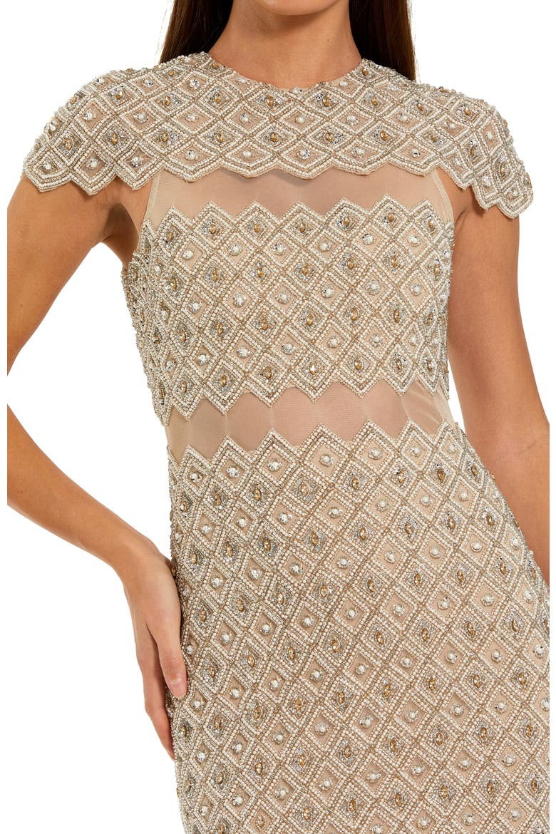 Women's Beaded Mesh Sheath Midi Dress with Sheer Panels, Alternate, color, Ivory Nude