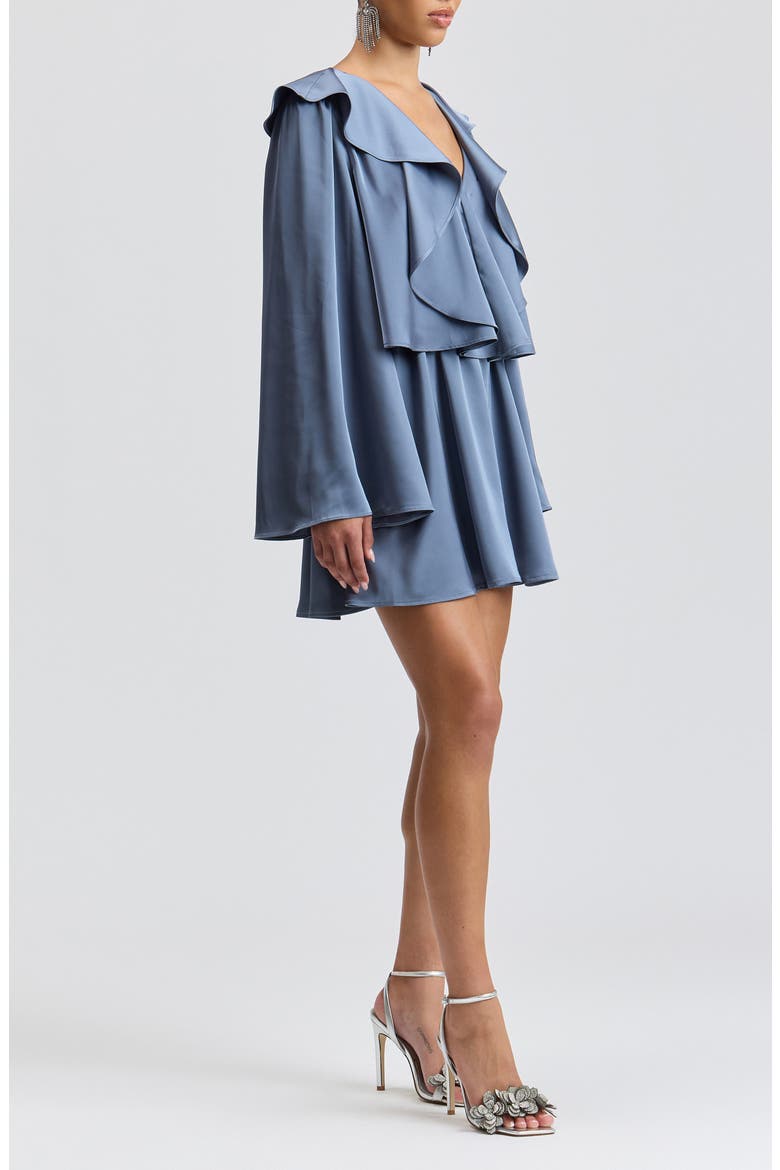 Ruffle Neck Long Sleeve Satin Minidress, Alternate, color, SLATE