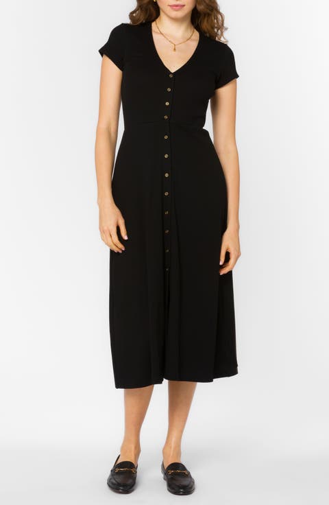 Short Sleeve Button Front Ribbed Midi Dress