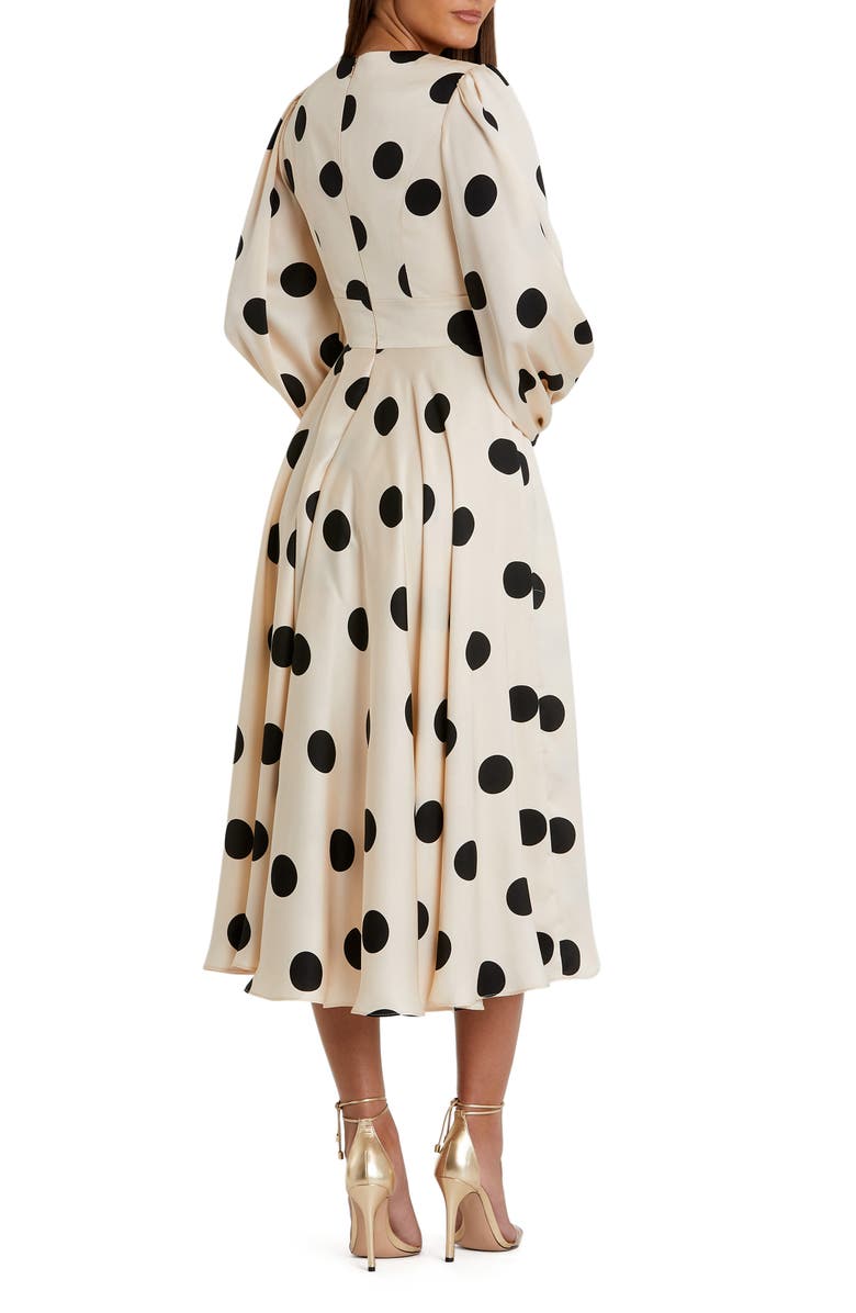 Mac Duggal Polka Dot Charmeuse Long Sleeve V Neck Midi Dress, Alternate, color, Cream Black