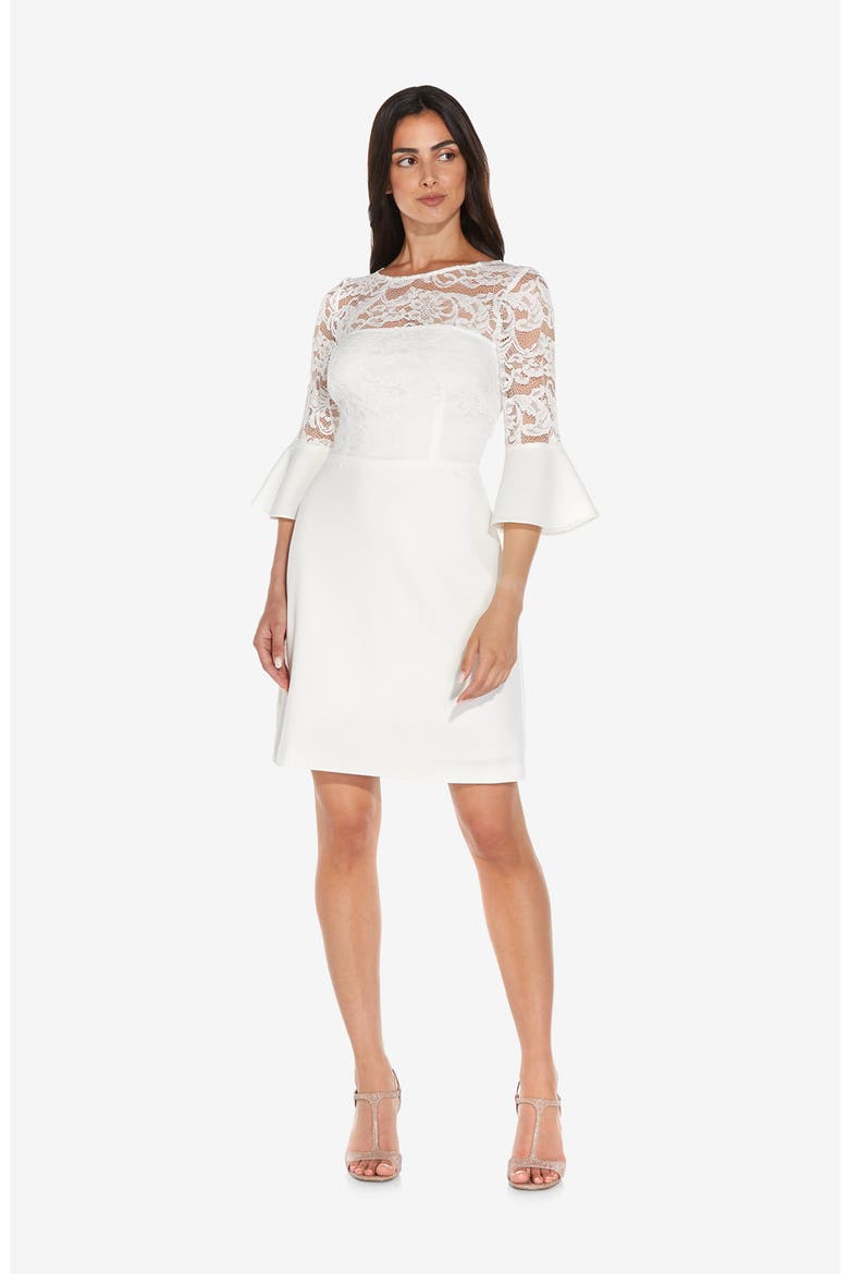 Bell Sleeve Lace & Crepe A-Line Dress, Alternate, color, IVORY