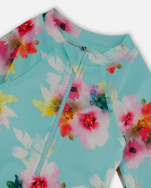 Deux Par Deux Baby Girl's Printed One-piece Rashguard With Frills Turquoise And Pink Flowers In Turquoise And Pink Flowers