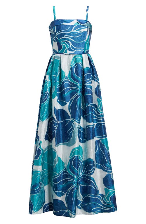 Tahari Asl Floral Crinkled Satin Gown In Teal Navy