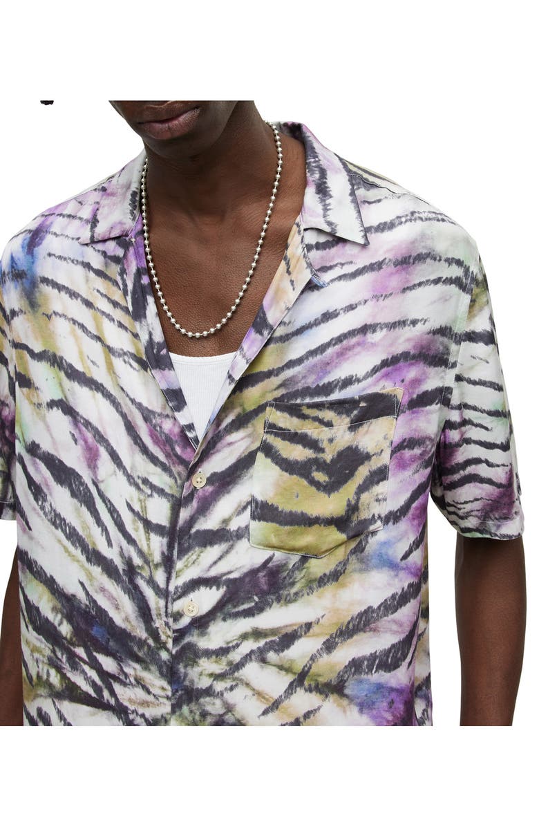AllSaints Men's Kanha Relaxed Fit Tie Dye Animal Print Short Sleeve Button-Up Shirt, Alternate, color, 