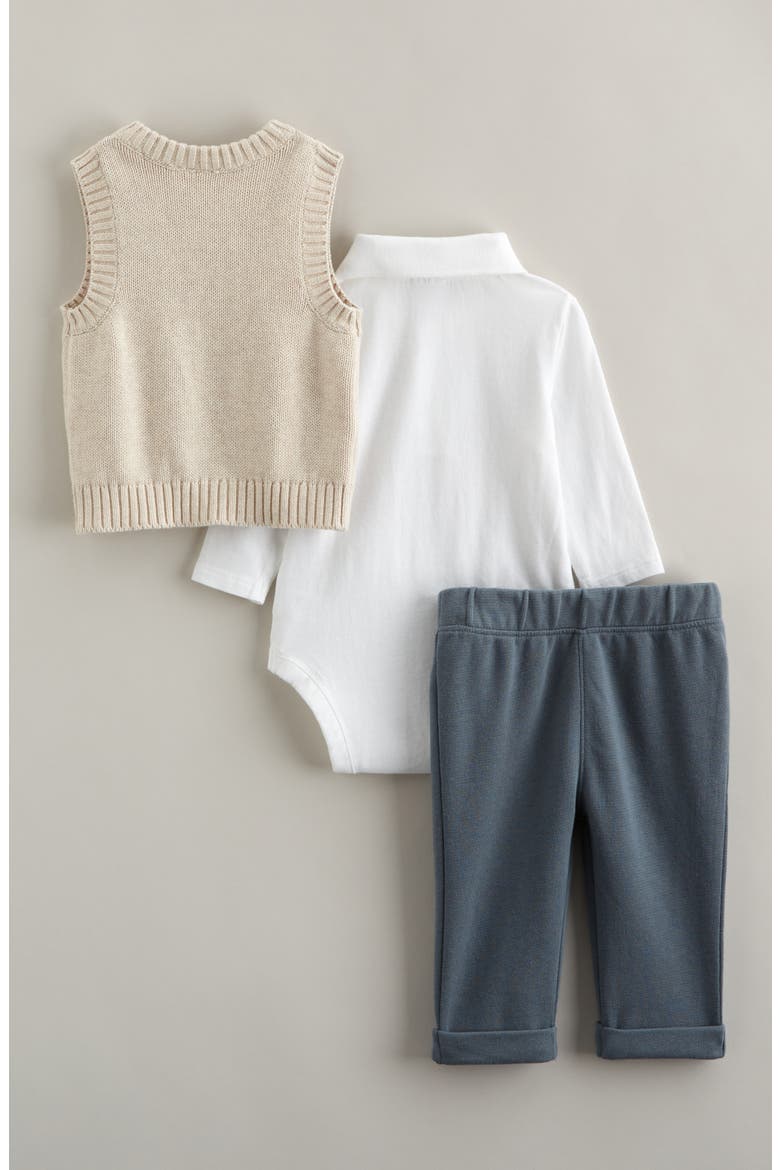 Dressed Up Cable Stitch Vest, Bodysuit & Pants Set, Alternate, color, BEIGE O- WHITE BLUE WEATHER