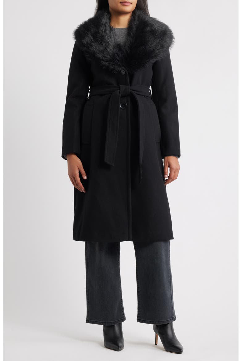 Belted Faux Fur Collared Coat, Main, color, BLACK