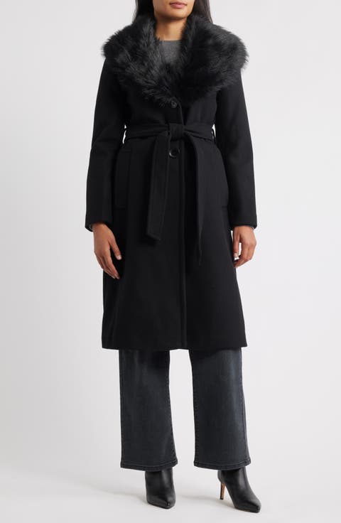 Belted Faux Fur Collared Coat