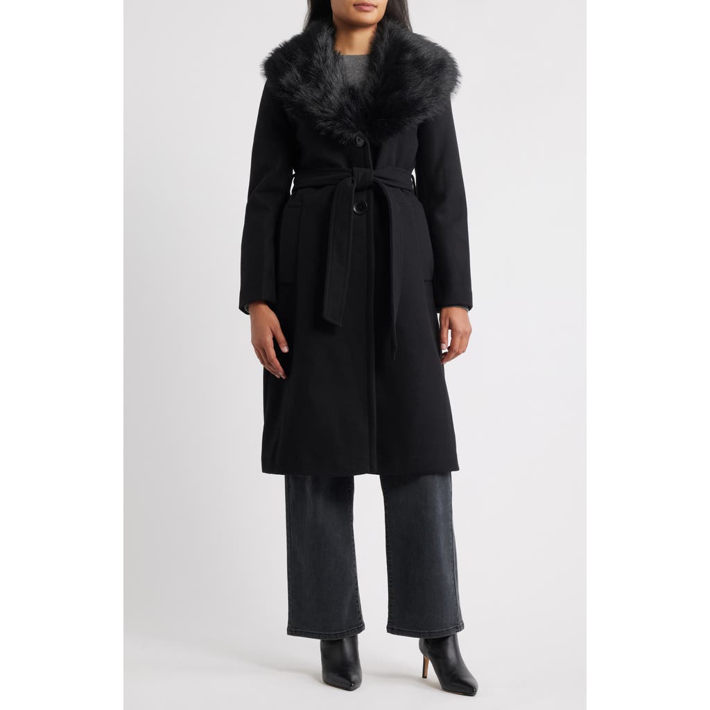 Sam Edelman Belted Faux Fur Collared Coat In Black