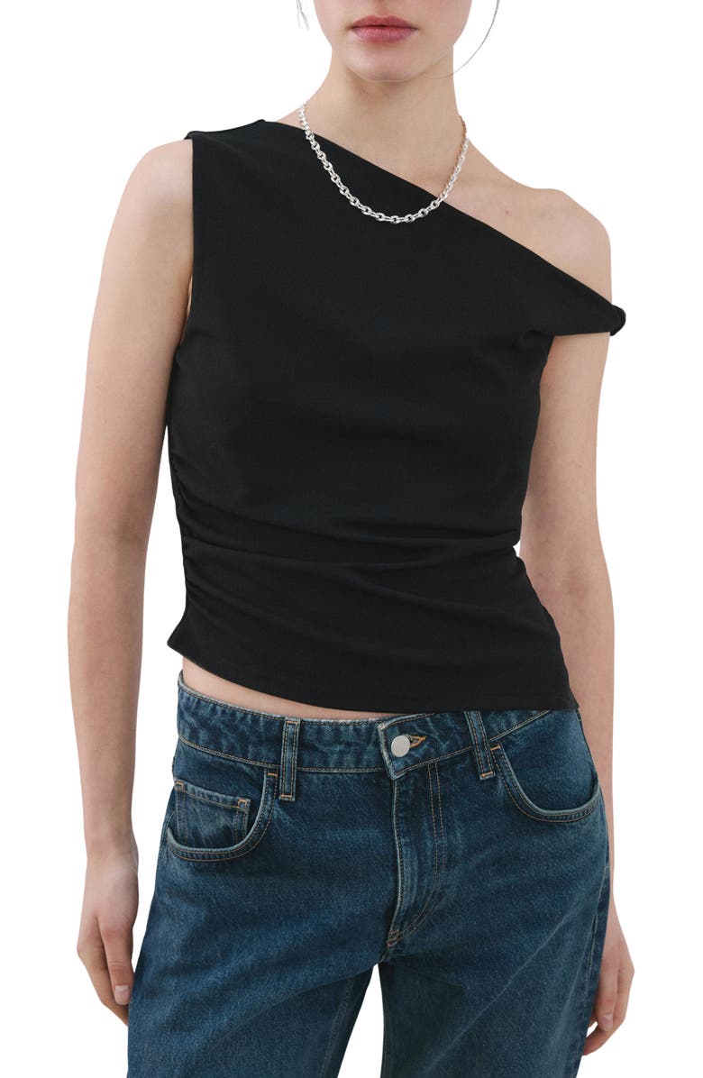 MANGO Asymmetric Ruched Top, Main, color, Black