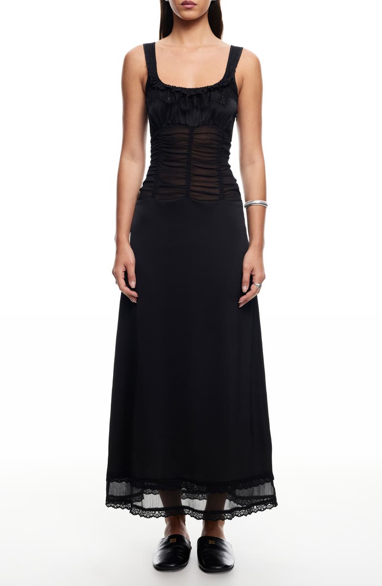 LIONESS Kendall Ruched Lace Sleeveless Maxi Dress, Main, color,