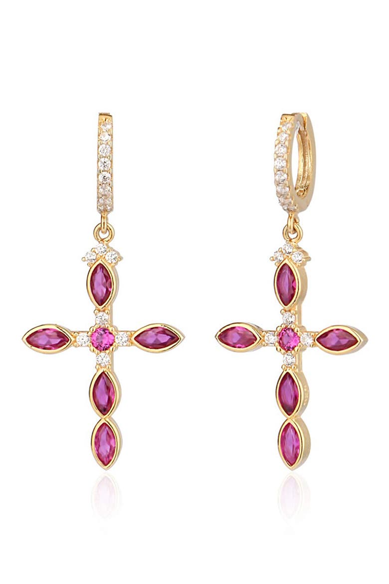 14K Gold Plated Sterling Silver Ruby & CZ Cross Dangle Earrings, Main, color, GOLD