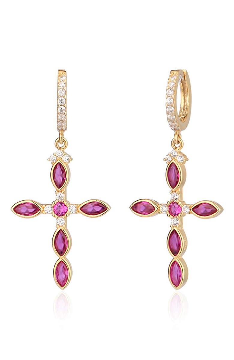 GABI RIELLE 14K Gold Plated Sterling Silver Ruby & CZ Cross Dangle Earrings, Main, color, 