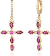 GABI RIELLE 14K Gold Plated Sterling Silver Ruby & CZ Cross Dangle Earrings