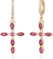 GABI RIELLE 14K Gold Plated Sterling Silver Ruby & CZ Cross Dangle Earrings