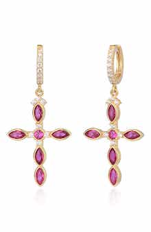 GABI RIELLE 14K Gold Plated Sterling Silver Ruby & CZ Cross Dangle Earrings
