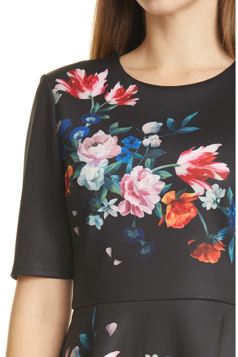 Zalena Floral Fit & Flare Dress, Alternate, color, BLACK