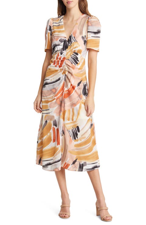 Puff Sleeve Ruched Midi Dress
