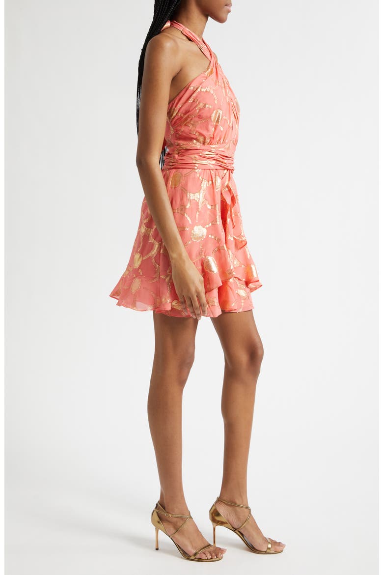 Reuben Metallic Daisy Print Mini Halter Dress, Alternate, color, CORAL JACQUARD
