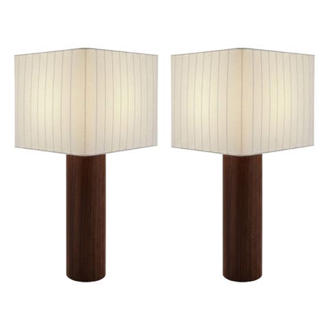 Koa Walnut Wood LED Table Lamps, Cotton Shades, Set of 2