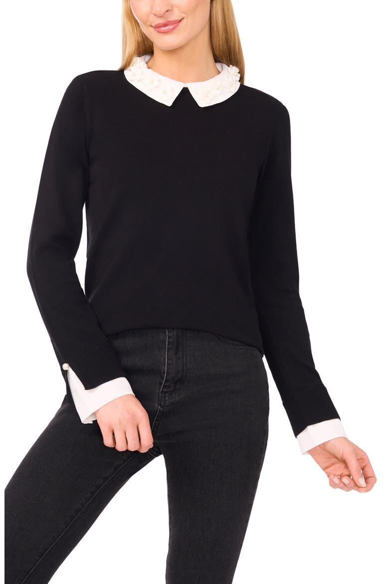 Contrast Woven Trim Sweater, Main, color, RICH BLACK