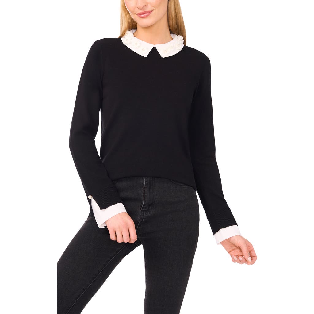 Cece Faux Pearl Embellished Cotton Sweater In Black