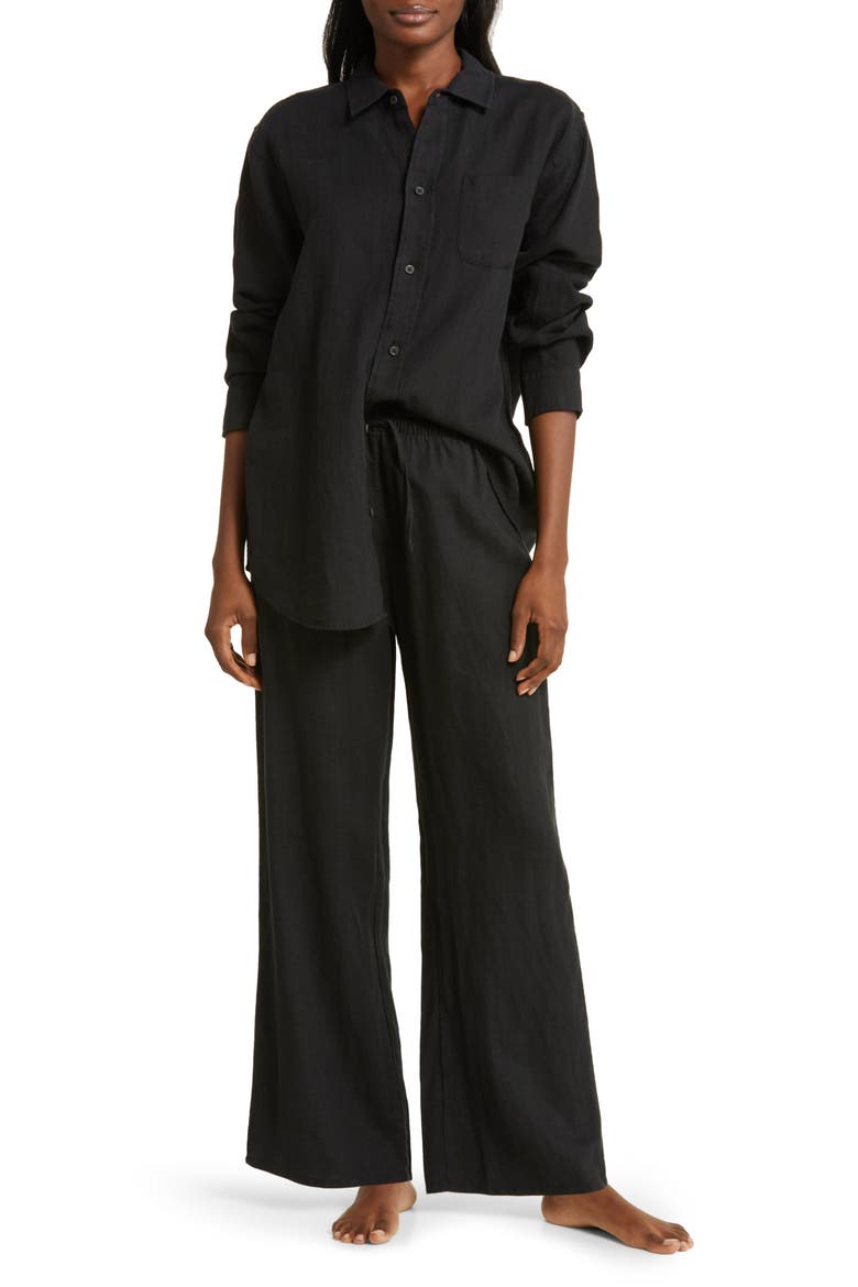 Long Sleeve Linen Pajamas, Main, color, PLAIN LINEN BLACK