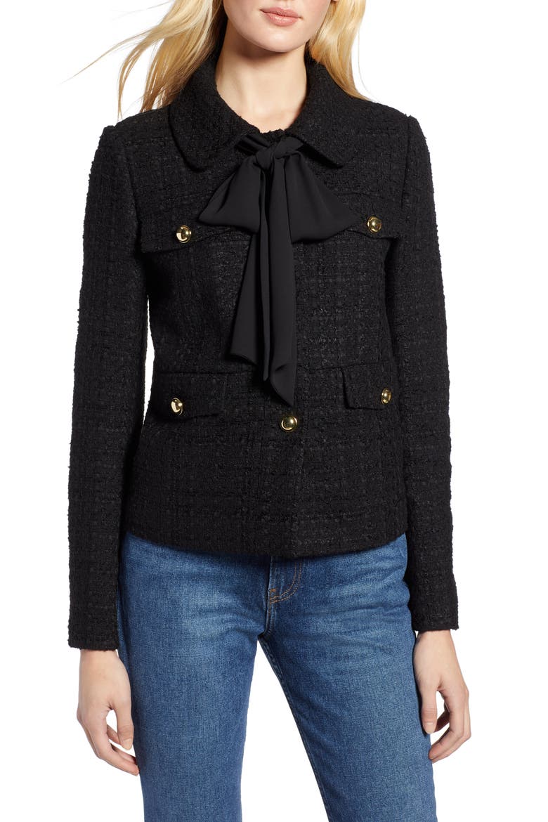 x Atlantic-Pacific Bow Detail Tweed Jacket, Main, color, BLACK