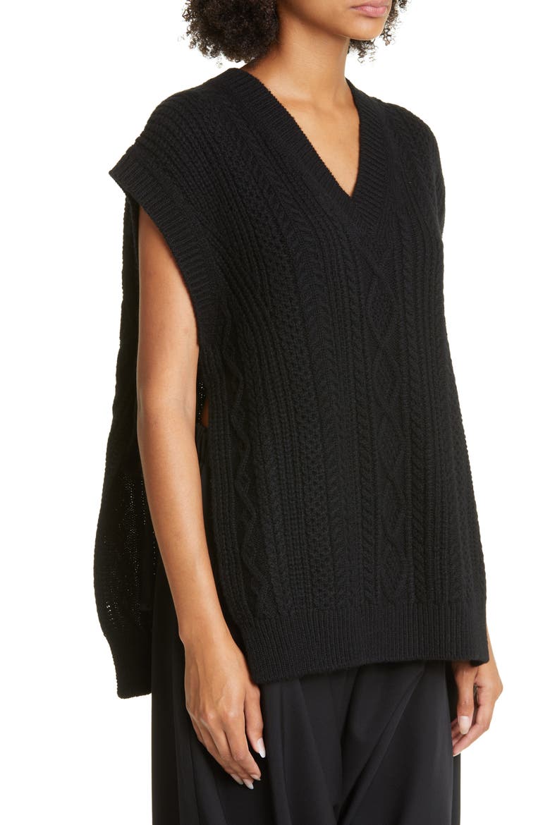 Women's Aran Side Ties Shetland Wool Sweater Vest, Alternate, color, BLACK