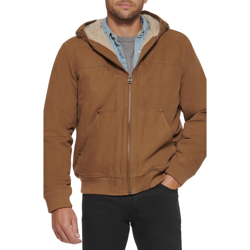 Levi's Workwear Cotton Canvas Faux Shearling Lined Hoodie Bomber Jacket In Brown