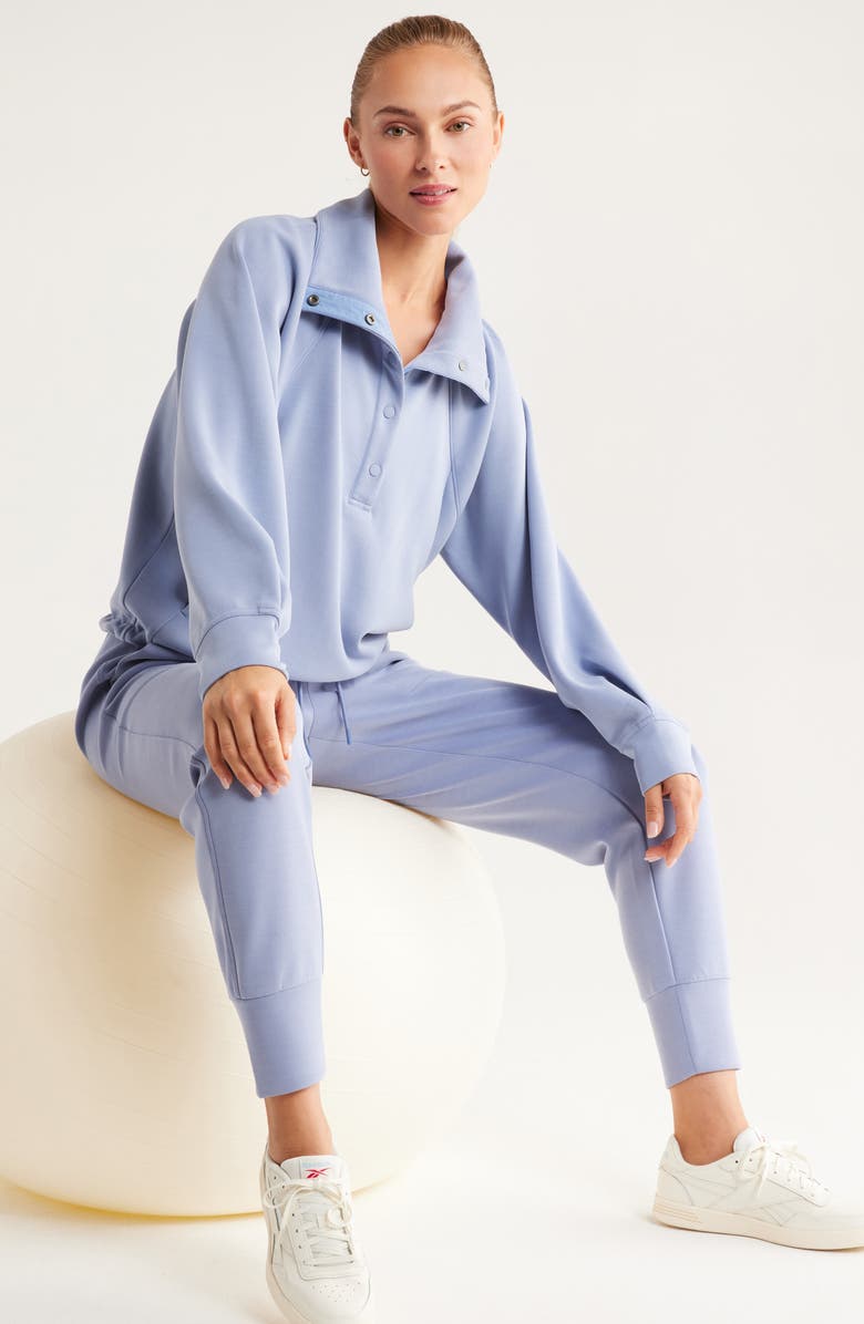 Zella Ultrasoft Snap Funnel Neck Sweatshirt, Alternate, color, Blue Tempest