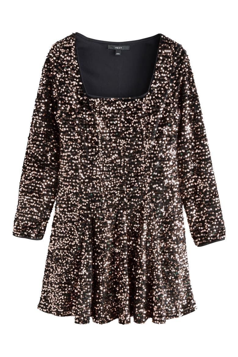 Sequin Square Neck Long Sleeve Minidress, Alternate, color, BLACK