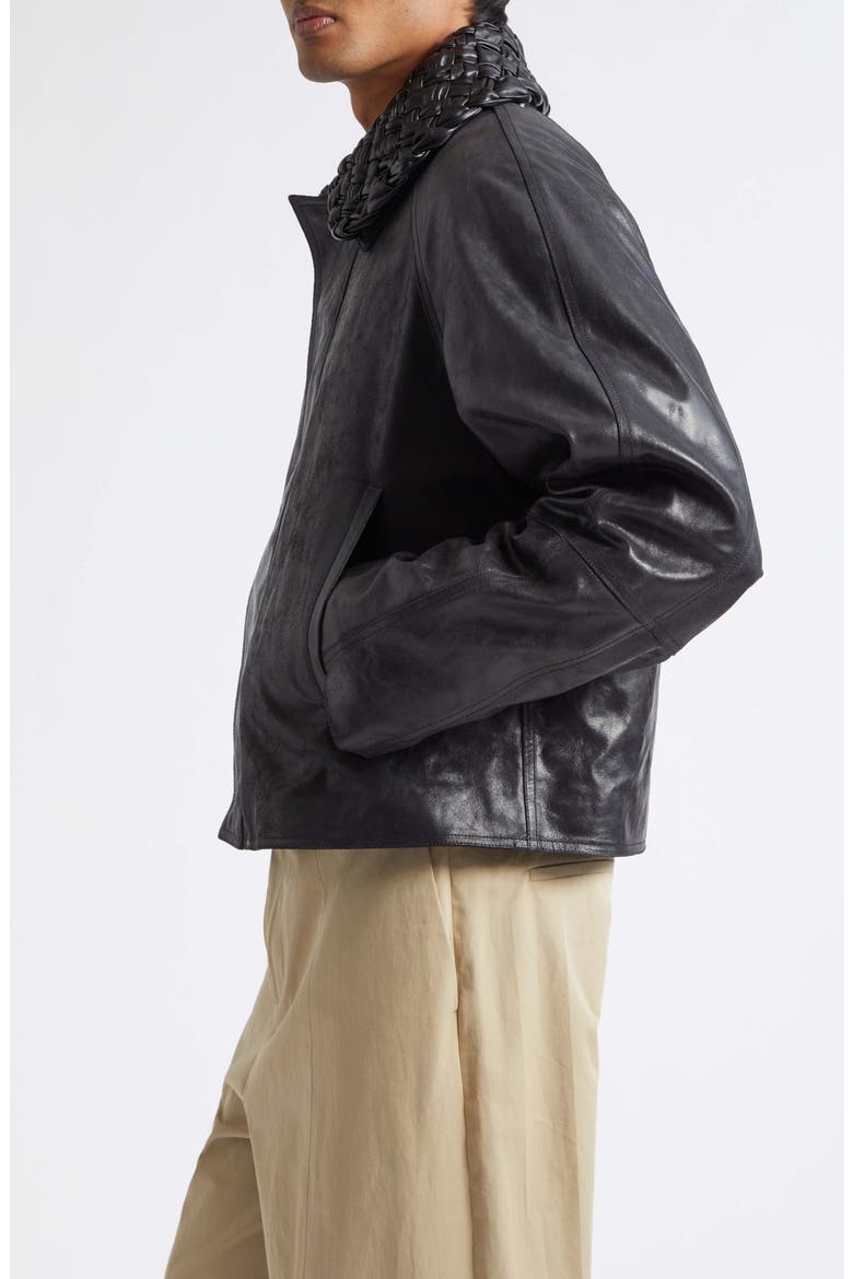 Intrecciato Collar Crackled Leather Jacket, Alternate, color, 1010 DOUBLE BLACK