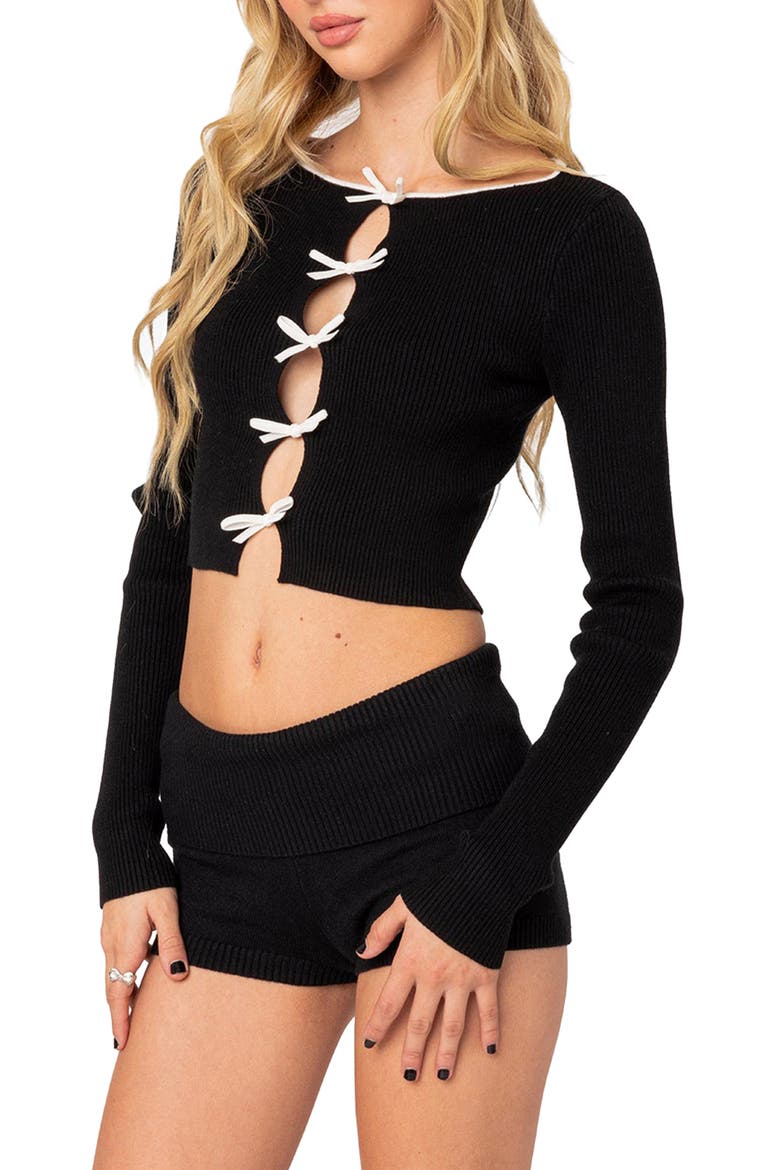Billy Bow Cutout Rib Crop Top, Alternate, color, BLACK-AND-WHITE