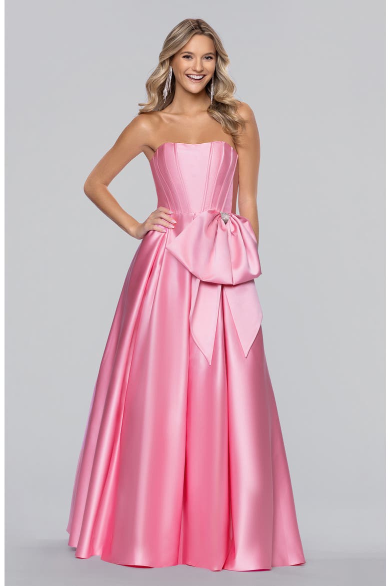 Bow Strapless Satin Ballgown, Alternate, color, PINK