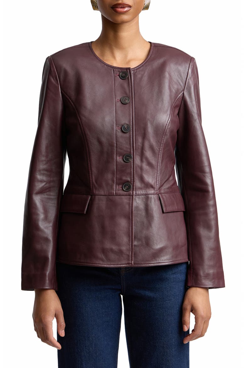 Peplum Leather Jacket, Main, color, RUBBED WINEBERRY